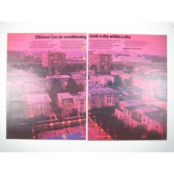 Vintage 1970s Ad Print Efficient Gas Air Conditioning Pink Cityscape Advertising - Picture 1 of 2